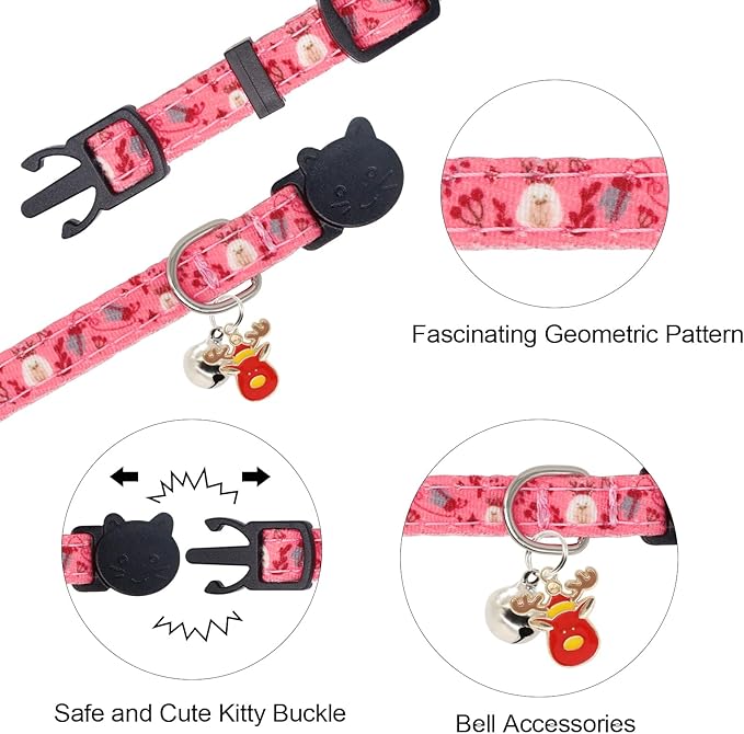 Christmas Cat Collar, Cotton 2 Pack Cat Collar with Bells, Breakaway Collars for Girl Boy Kittens, Reindeer