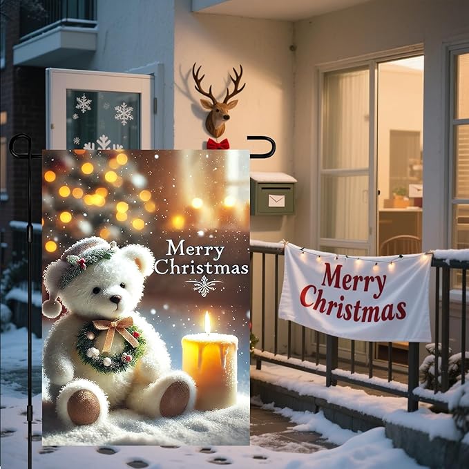 Christmas Garden Flag 12x18 Inch Merry Christmas Bear Flag Double Sided Holiday Banner Outdoor Winter Yard Decoration for Porch Lawn Home