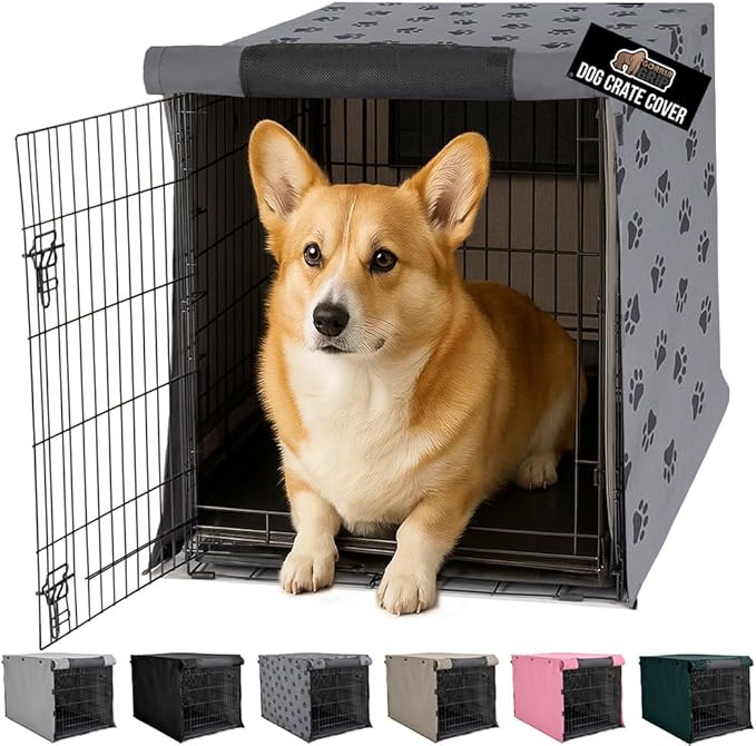 GORILLA GRIP Dog Crate Covers compatible with Amazon Basics Dog Crates, All Sides Open, Privacy Cover Fits 30" Wire Kennel, Breathable Mesh Windows, Light Reducing Puppy Training Cage Topper, Gray Paw