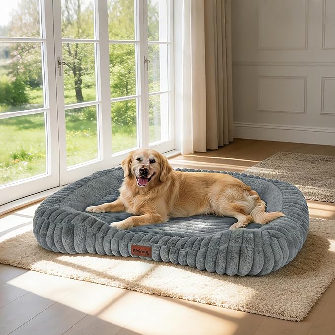 Orthopedic Dog Bed for Extra Large Dogs, Comfort-Sided Calming Pet Bed Couch with Breathable Memory Foam, Plush Faux Rabbit Fur & Anti-Slip Bottom, Machine Washable, 43"x31"x5.5", Grey