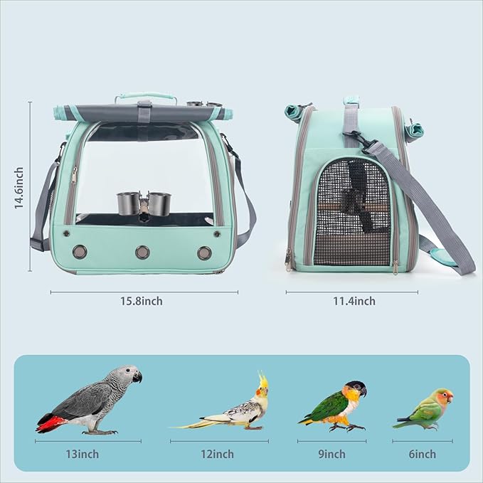 Bird Carrier Parrot Travel Cage with Perch, Food Bowl, Tray and Breathable Clear Window, Bird Travel Bag for African Gray Cockatiel Caique Conure Quaker, for Vetting Camping Hiking (Blue)