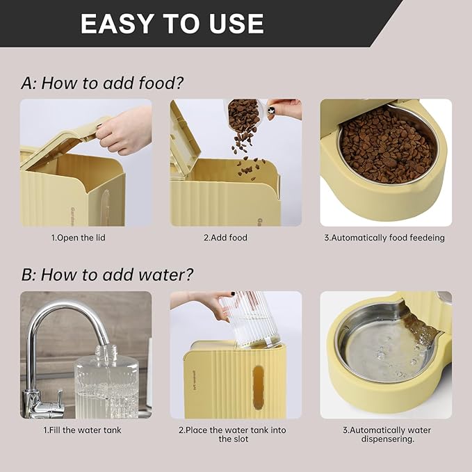 Gardner Pet Gravity Automatic 2-in-1 Pet Feeder, 0.8 Gallons*2 Cat Feeder and Water Dispenser Set, 100% BPA-Free and Stainless Steel Water Bowl for Dogs, Cats, Rabbits, Puppies (Yellow)
