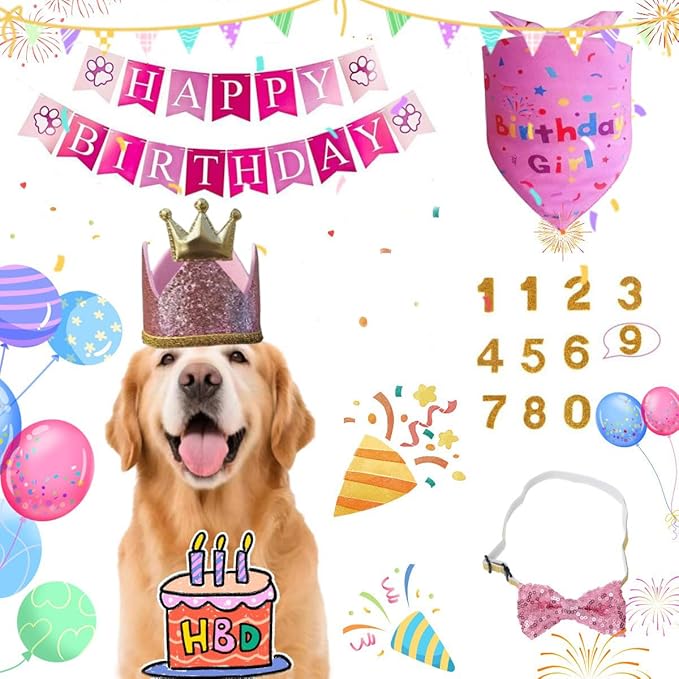 Happy Birthday Dog Party Supplies Kit - Dog Party Hat, Bandana, Bowtie & Happy Birthday Banner Decorations for Small Dogs, Puppy Birthday Outfit Accessories & Pet Birthday Party Decor (Pink 2)
