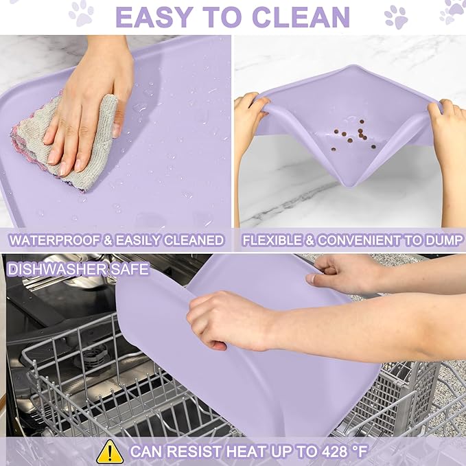 Silicone Pet Food Mat with Raised Edge for Food and Water Bowl, Dog Feeding Mats, Cat Food Trays for Floor Waterproof, Rubber Tray for Dogs and Cats, 24 x 16 x 0.8 Light Purple