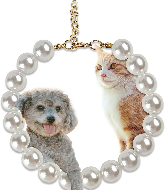 Chunky Pearl Dog Collar(0.55 Inch) for Small Dogs Cats, Adjustable Beaded Dog Collar Imitation White Pearls, Elegant Dog Jewelry Girl Accessories for XS Extra Small Dogs Necklace.