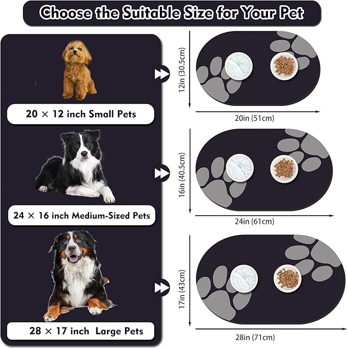 Pet Feeding Mat – 20''x12'' Absorbent Dog Food Mat, Pet Water Mats Protect Floor, No Stains Quick Dry Bowl Mats, Non-Slip Rubber Base Pets Placemats for Food and Water, Black Paw