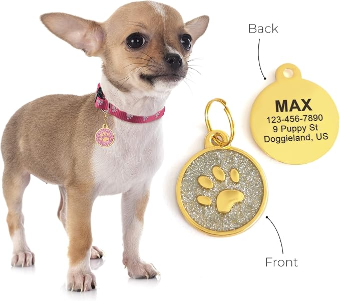 Paw Shape Dog ID Tag Stainless Steel Custom Laser Engraved, Cute Bling Glitter Pet Name Tags Personalized with Durable Engraving (Gold Sparkly Round Paw)