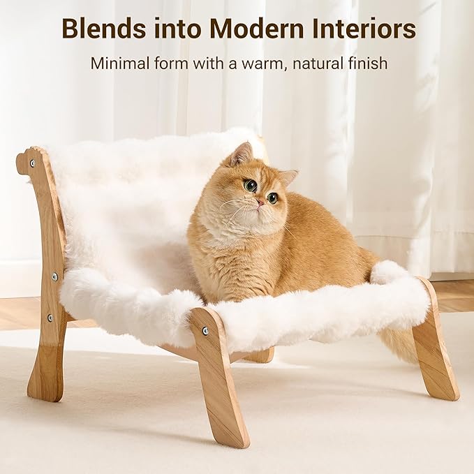Solid Wood Cat Couch Bed for Indoor Cats, Modern Cat Sofa with Ultra-Soft Plush Surface Washable, Reclined Backrest, Elevated Elevated Cat Lounge Furniture for Small to Adult Pets, Ivory White