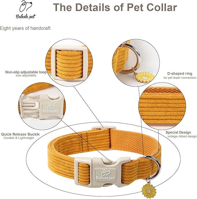 Cute Corduroy Dog Collar - Mustard Yellow Adjustable Dog Collars for X-Large Dogs 80+lbs, Fade-Proof with Secure Snap & Little Charm, Christmas Birthday Gift, XL