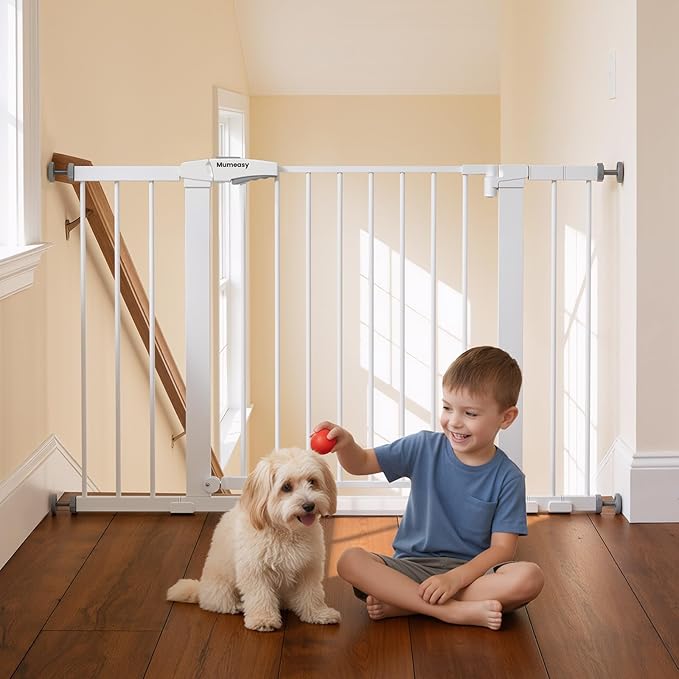 29.7-46" Extra Wide Baby Gate for Stairs, Pressure Mounted Dog Gate Indoor for Doorways, Auto Close Pet Gate with Walk Thru Door, Double Lock Child Safety Gate for Kids and Pet, No-Trip Design