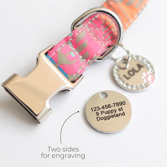 Paw Shape Dog ID Tag Stainless Steel Custom Laser Engraved, Cute Bling Glitter Pet Name Tags Personalized with Durable Engraving (Silver Round Crystals Paw)
