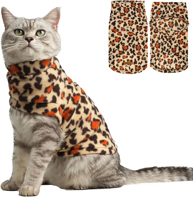 EXPAWLORER Soft Cat Sweater - Leopard Print Sweaters for Cats Only Warm Kitten Clothes, Fall and Winter Pet Coat Pullover Design Feline, Fleece Clothing Also for Puppy Small Dogs, Small