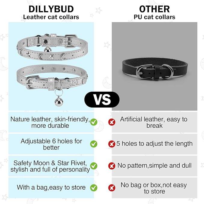 Leather Cat Collars for Boy Girl Cats with Bell and Safety Elastic Belt, Personalized Star and Moon Stud Adjustable Safe Buckle Collar for Kitty Small Big Cats Size 8-12 Inch, Silver Grey
