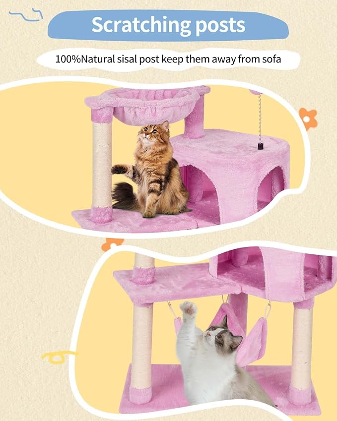 KIYUMI Cat Tree Cat Tower Condo with Sisal Scratching Post for Indoor Cats Tree Furniture with Hammock Perch and Kitten Ball Toys, Multi-Level Pet Activity Center Pink