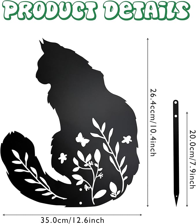 Maine Coon Cat Garden Stake - Elegant Black Cat Statue with Floral Design for Outdoor Decor, Pet Memorial Gifts, and Yard Art, Decorative Metal Cats Grave Markers for Lawn and Garden, Cats Lover Gifts