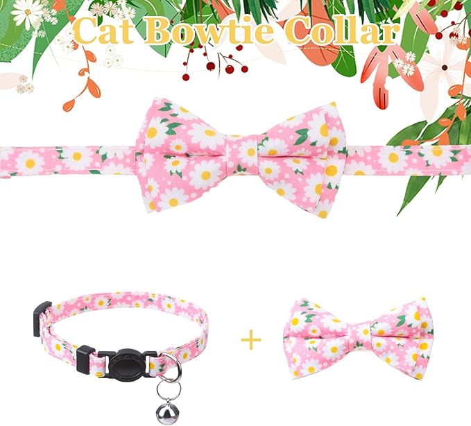 4 Pcs Breakaway Cat Collar with Bow Tie and Bell Floral Cat Kitten Collar with Removable Bowtie Adjustable Safety Collars for Girl Cats