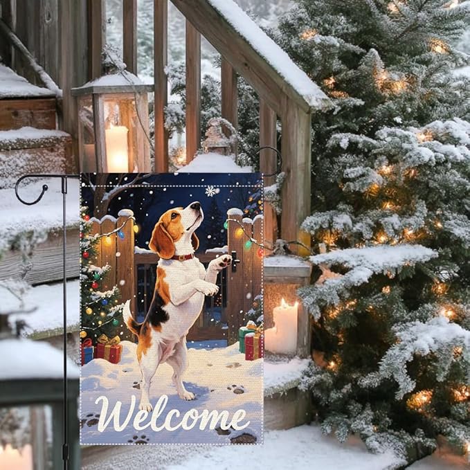 Beagle Dog Welcome Garden Flag 12x18 Inch Double Sided Christmas Burlap Yard Banner for Winter Holiday Outdoor Decor Farmhouse Seasonal Pet Decoration