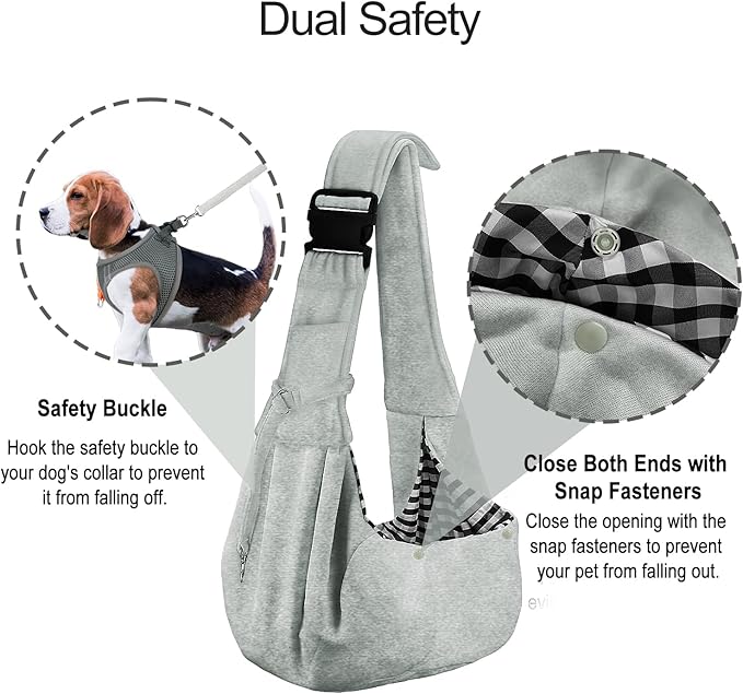 PETLOFT Reversible Small Dog Cat Sling Carrier, Adjustable Hands Free Cross Body Carrier with Collar Hook for Dog/Cat/Bunny up to 11lb (Light Grey)