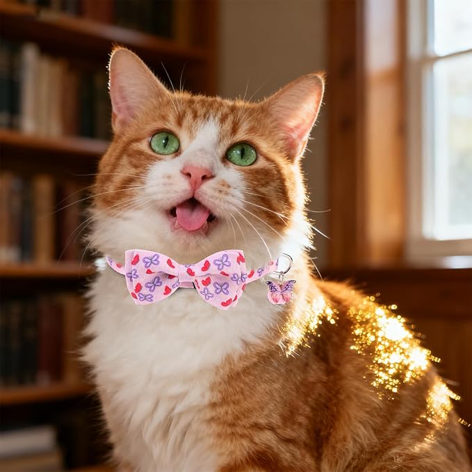 Breakaway Cat Collar with Removable Bow Tie and Bell, Cute Multi-Style Patterns, 3 Pack Safety Buckle Kitten Collars, Adjustable Pet Collar for Cats Puppy (Style B - Nature)