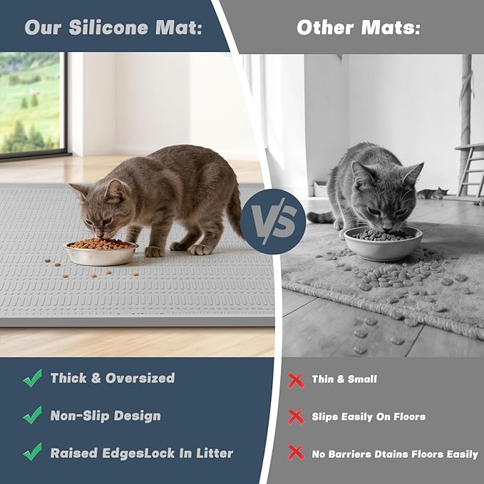 47" x 35" Silicone Cat Food Mat, Waterproof Pet Feeding Mat with Raised Edge, Extra Large Cat Bowl Mat Water Bowl Placemats for Cats, Non-Slip, Protects Floors, Easy to Clean (Light Gray)
