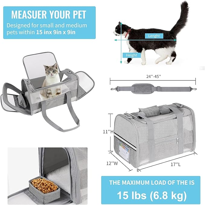 Soft-Sided Cat Carrier for Pets Up to 15lbs, Airline Approved Under-Seat Travel Carrier with Collapsible Bowl, Breathable Mesh & Removable Pad, Grey