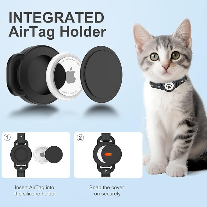 Airtag Cat Collar Breakaway, Reflective Cat Collar with AirTag Holder and Bell, Compatible with Apple Air Tag, Comfortable Padding, Adjustable, Durable (Black)