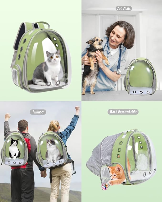 Cat Backpack Carrier Back Expandable Bubble Pet Carrier Backpack for Large Cat, Kitten and Dog, Designed for Hiking, Travelling and Outdoor Use (Back Expandable-LightGreen)