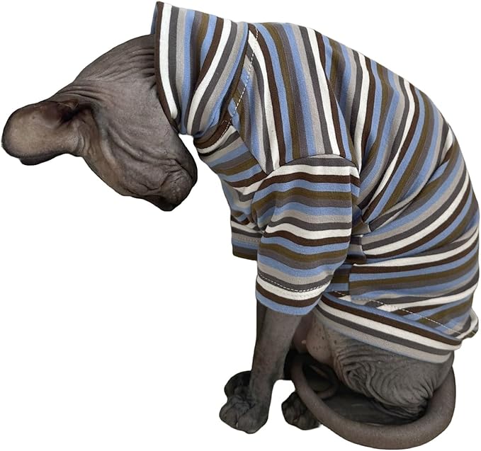 Vintage Stripes Sphynx Hairless Cats Shirt Cotton Cat Turtleneck Pet Clothes Kitten T-Shirts with Sleeves for Sphynx Cats (Storm, Small)