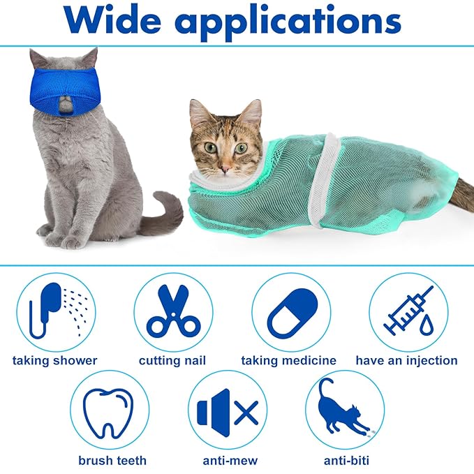 10 Pcs Cat Bathing Bag Set Pet Mesh Shower Bag Anti Bite and Scratch Pet Grooming for Washing Brush, Cat Muzzle, Nail Clipper, Nail File, Tick Tool (Blue and Gray)