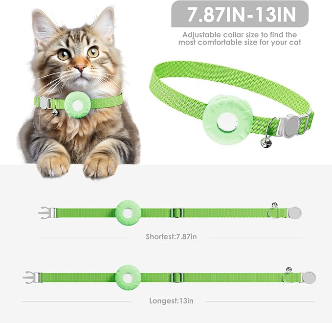 GPS Tracker for Cats, Cat Tracker, Compatible with Apple Find My App (Only iOS), No Monthly Fee, Waterproof, Breakaway Collar Included(White Tracker, Green Cat Collar)
