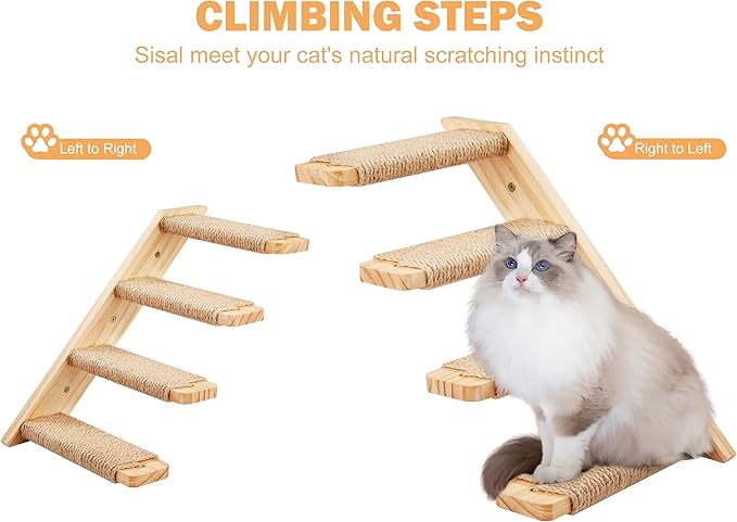 Cat Wall Shelves & Stairs - 2PCS Cat Furniture with 2PCS 4 Steps Climbing Shelves & Scratching Perches for Sleeping, Playing