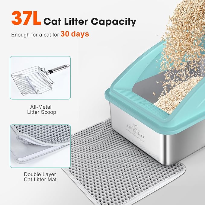 Stainless Steel Litter Box | XL Enclosed Cat Litter Boxs with Lid for Big Cats | High Sided, Anti-Urine Leakage | Non-Stick Bottom & Includes Litter Mat & Metal Scoop (Turquoise, X-Large)
