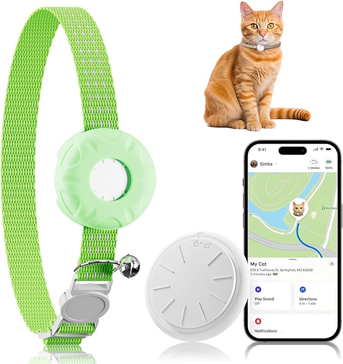 Cat Tracker, GPS Tracker Compatible with Apple Find My App(Only iOS), Waterproof Cat Tracker Collar with Bell and Safety Elastic Buckle, No Monthly Fee Pet Trackers, Works with Any Collar,Green