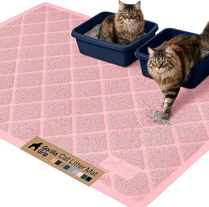 GORILLA GRIP Cat Litter Box Mat, 47x35, Water Resistant, US Designed Kitty Litter Trapping Mats, Easy to Clean, Scatter Control, Less Mess and Clean Floors, Kitten Supplies for Indoor Cats, Light Pink