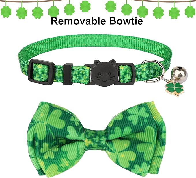 ADOGGYGO St. Patrick's Day Cat Collars with Bow Bell, Breakaway Cat Bowtie Collar Green Shamrock Pattern Saint Patrick Collars for Girl Boy Cats Kittens (St. Patrick's Day)