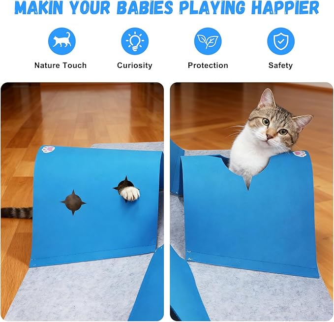 Interactive Cat Tunnel Mat for Indoor Cats, 4-Way Felt Cat Cave with Hanging Ball, Foldable Kitty Play Mat and Hideout, Pet Enrichment Toy for Kittens Rabbits Small Pets, Blue