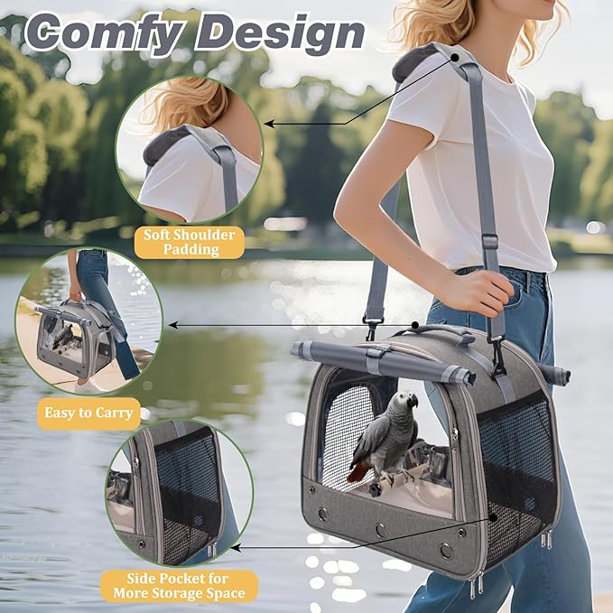 Bird Carrier Parrot Travel Cage with Perch, Food Bowl, Tray and Breathable Clear Window, Bird Travel Bag for African Gray Cockatiel Caique Conure Quaker, for Vetting Camping Hiking (Gray)