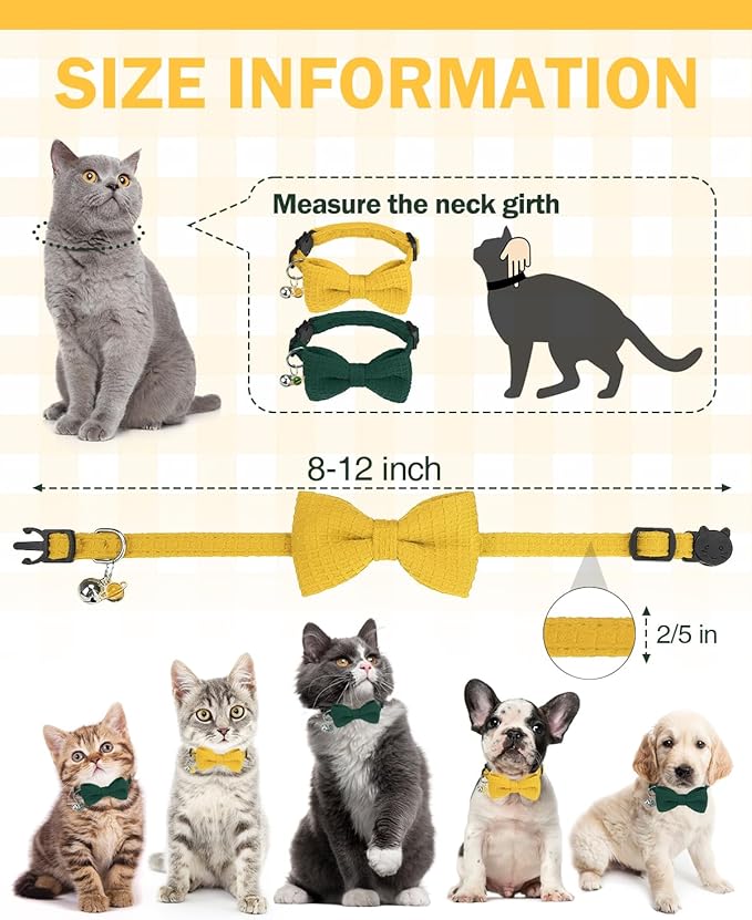 Cat Collar Breakaway with Bells, Soft Cotton Green Cat Bowtie Collar for Girl Boy Cats, Small Cats Collar with Bow for Spring Summer,2 Pack Cute Kitten Collars with Removable Bowtie 8-12Inch