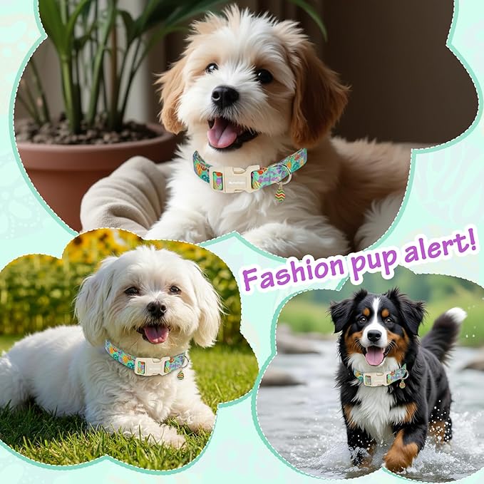 Easter Dog Collar for Small Dogs, Adjustable Green Small Dog Collar with Colorful Eggs Pattern, Cute Easter Dog Collars Girl Boy Collar for Dogs -S
