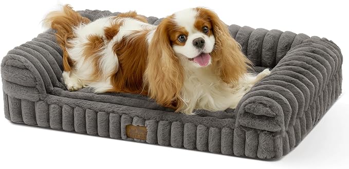 Cute Dog Bed for Small Dogs, Faux Rabbit Fur Orthopedic Foam Dog Bed with Sides, Removable Washable Cover & Waterproof Lining, Comfortable Pet Couch, Grey (30" L x 20" W x 6" Th)