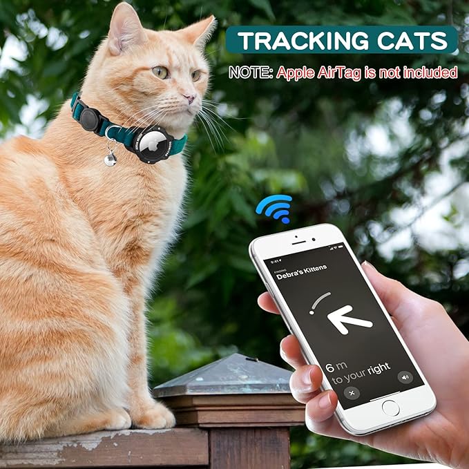 Luminous AirTag Cat Collar Breakaway, OUCWLTAG GPS Cat Collar with Apple Air Tag Holder, Cat Tracker Collars with Safety Elastic Band for Girl Boy Cats, Kittens and Puppies (Blue, 9-13 Inch)