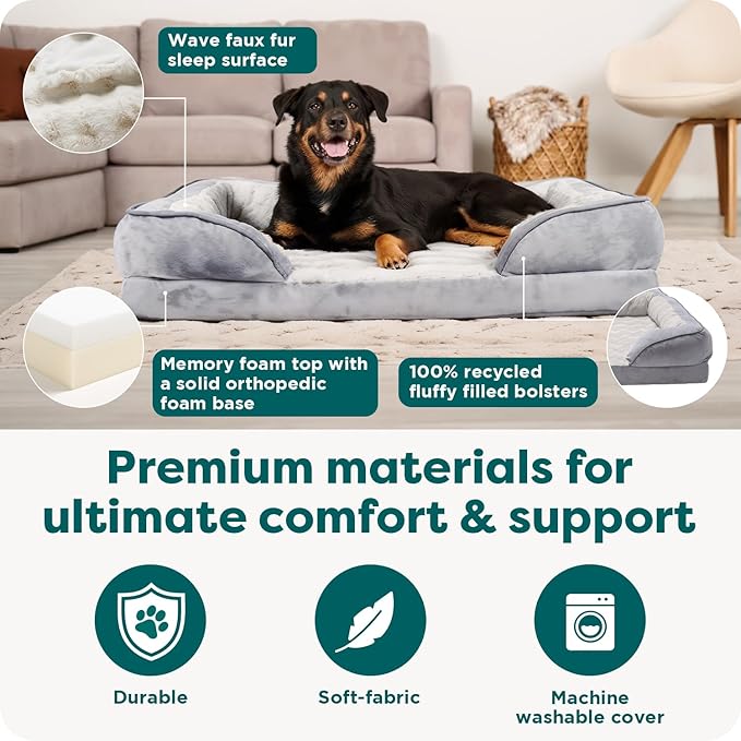Furhaven Memory Foam Dog Bed for Medium/Small Dogs w/ Removable Bolsters & Washable Cover, For Dogs Up to 35 lbs - Plush & Velvet Waves Perfect Comfort Sofa - Celadon Green, Medium