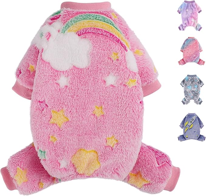 Dog Sweaters Small Girl Warm Fleece Pajamas, Cute Extra Small Dog Clothes, 4 Legs Puppy Jumpsuit Pjs Soft Stretchy Doggie Onesies Pet Outfit Apparel for Chihuahua Yorkie, Rainbow Pink, XXS
