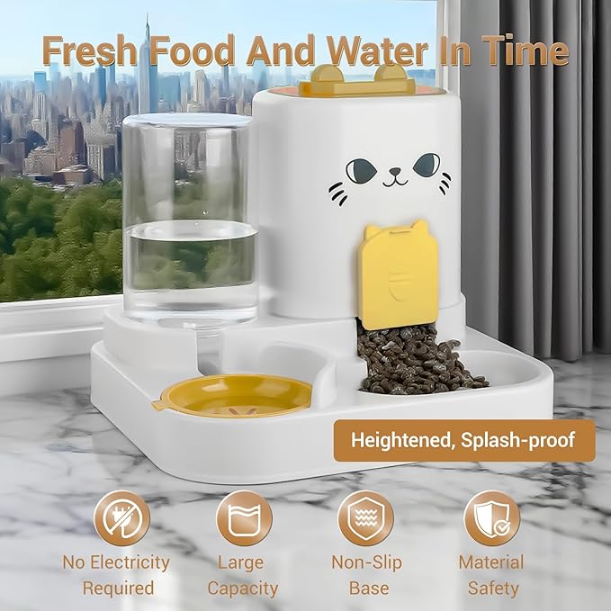 2-in-1 Gravity Pet Feeder & Water Dispenser for Cats Dogs - Large Capacity Cat Food Station with Water Bowl, Travel-Friendly (Yellow)