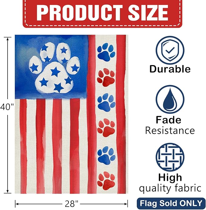 Dyrenson 4th of July Dog Cat Paw Prints 28 x 40 House Flag Double Sided, Patriotic America Watercolor Garden Yard Decoration Pet Lover Gift, American USA Burlap Outdoor Decor Decorative Large Flag
