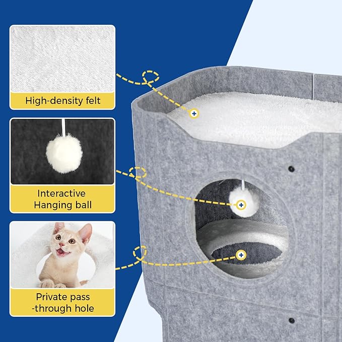 Cat House for Indoor Cats, 2-Storey Cat Bed Cave, Felt Cat Hideaway Condo with Resistant Scratching Freedom Kitten Cube for Multicats Gray