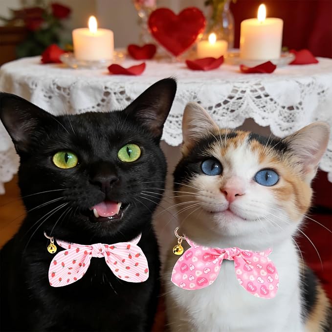KOOLTAIL Girl Cat Collar Breakaway with Bowtie and Bells, 2 Pack Cute Kitten Collars, Pink Heart & Strawberry Design with Safety Buckle Adjustable for Small Large Girl Cats
