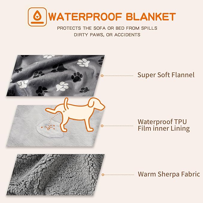 Waterproof Dog Blankets Pet Blanket 60"x80", Soft Fluffy Sofa Car Bed Protector, Reversible Sherpa Fleece Dog Blanket for Large Dogs (Dark Grey-Paws)