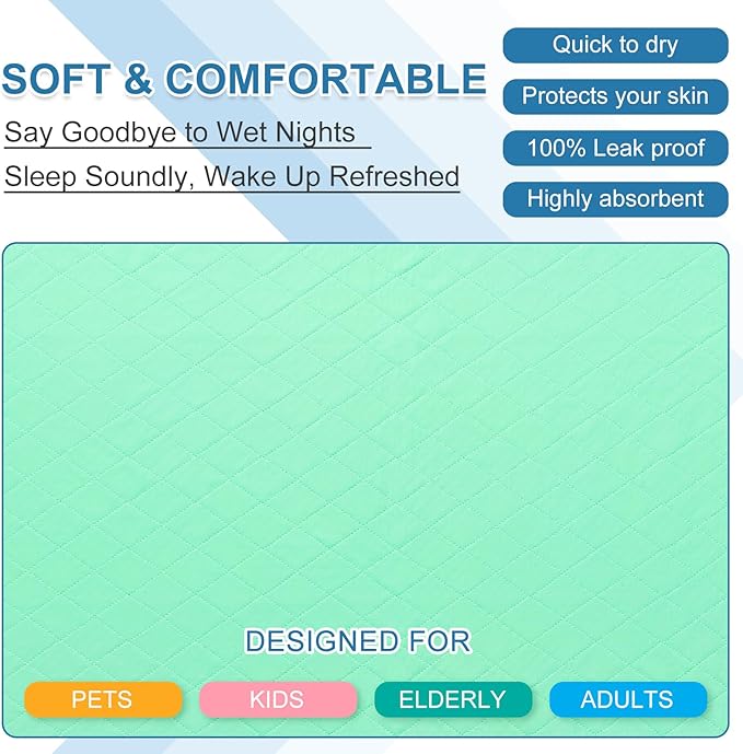 OUTCREATOR® Washable Bed Pads 34" x 56" (Pack of 2), Incontinence Mattress Protector, Anti-Slip Waterproof Underpads for Adults Kids Elderly Pets, Absorbency & Reusable Bedwetting Pads (Solid Green)