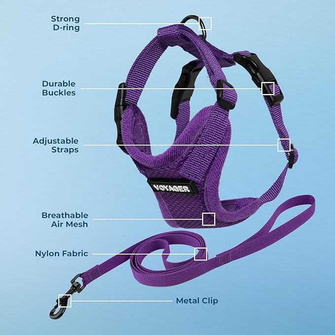 Voyager Escape-Proof Step-in Lock Cat Harness & 5ft Neoprene-Handle Leash Set All-Weather Mesh with Reflective Stitching for Small to Large Cats by Best Pet Supplies, Purple, S